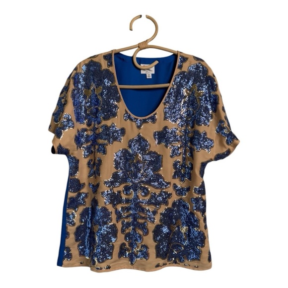 Tracy Reese Mixed Media Cap Sleeve Sequin Sheer Overlay Blue Tan Size M Neiman - Picture 3 of 14